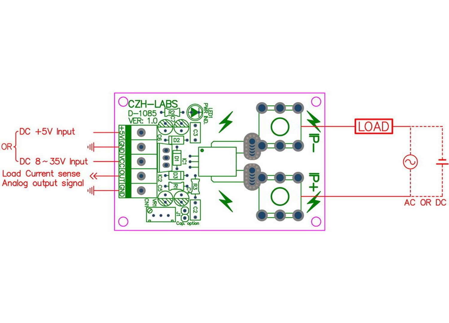 Electronics-Salon Panel Mount AC/DC Current Sensor Module Board, Based on ACS758 (+/-50Amp) 6