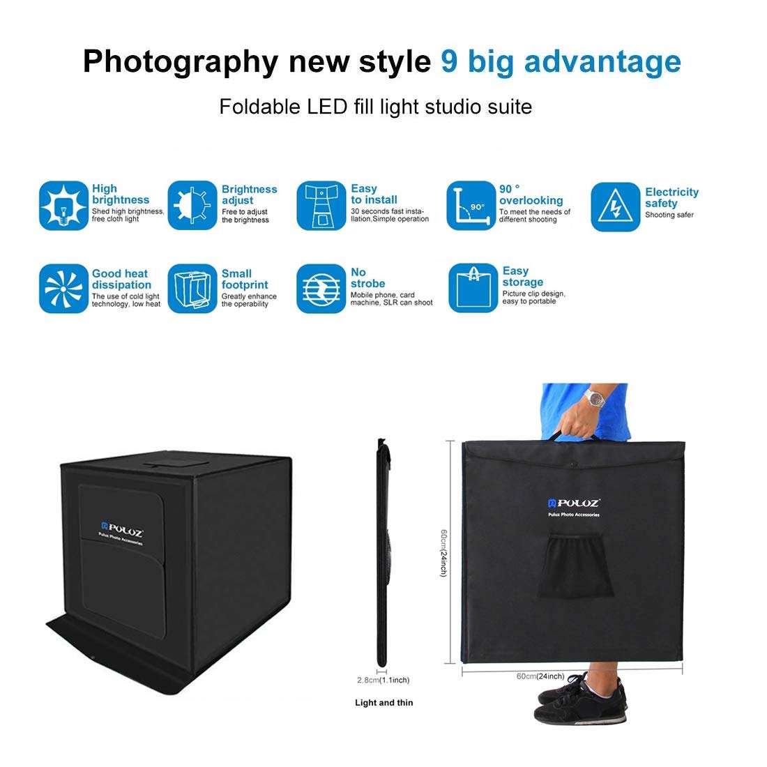 PULUZ Photo Studio Super Bright Photography Light Box Lightbox 24 Inch Portable Shooting Light Tent with 6 Colors Photography Backdrops Waterproof Background Screen 4