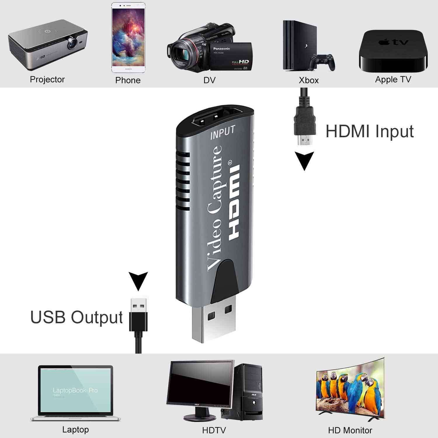 Video Capture Card HDMI to USB 2.0 Audio Video Capture Cards HD 1080p 60fps Record Directly for PC TV PS4 Xbox DSLR Camcorder Support Windows Mac OS Android System 3