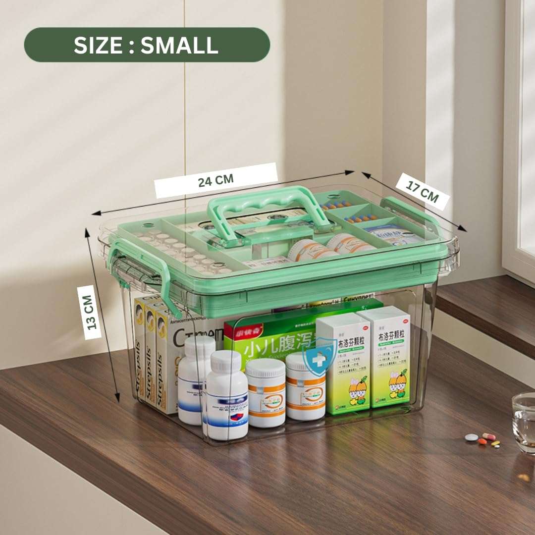 HoopVool® Clear Plastic Medicine Storage Box Organizer, Family Emergency Kit with Removable Pill Case Portable Lockable Container for, Art Craft and Cosmetic Household Organizer (Green, Small) 3