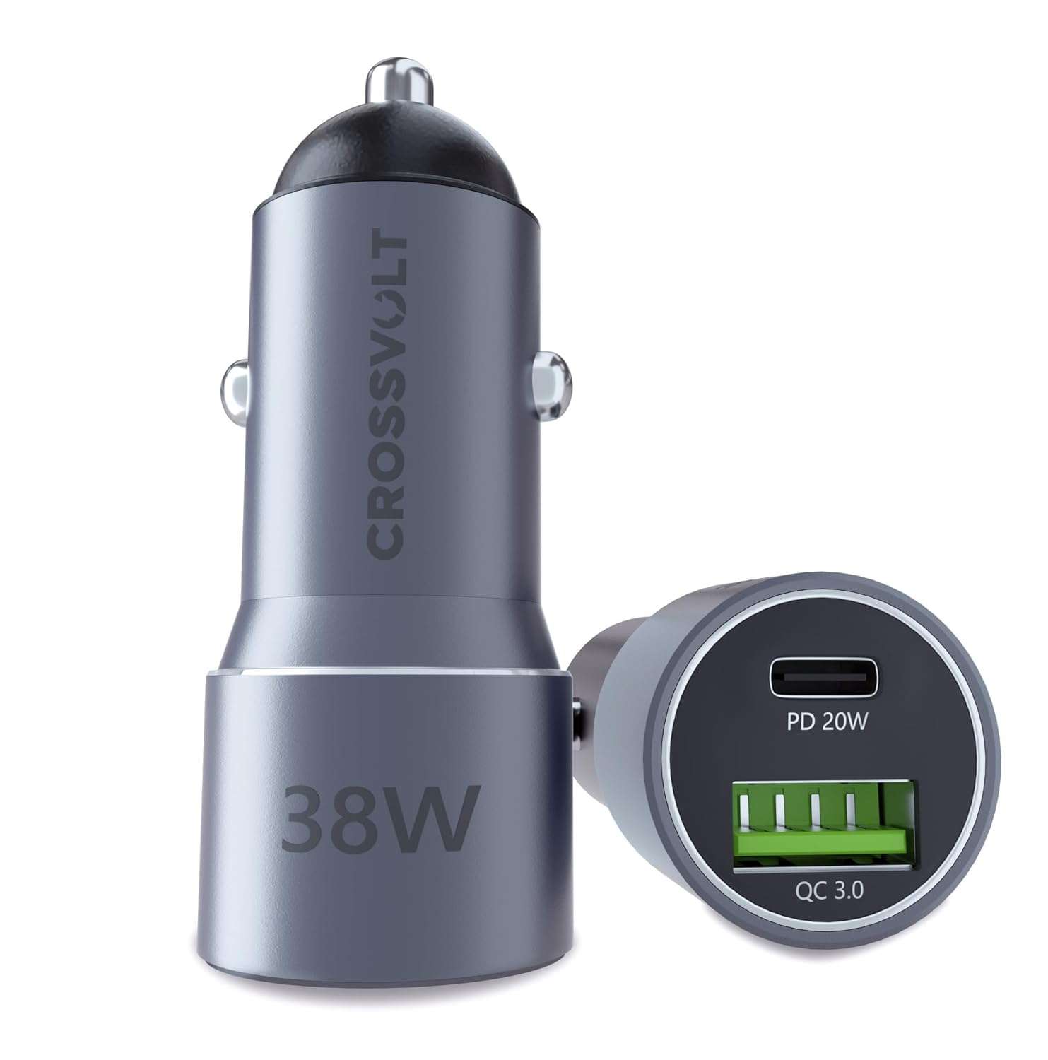 CROSSVOLT 38W Fast Car Charger Adapter with Dual Output. Quick Charge, Type C PD 20W & Qualcomm 3.0 Compatible for iPhone, All Smartphones, Tablets & More(Silver) 1