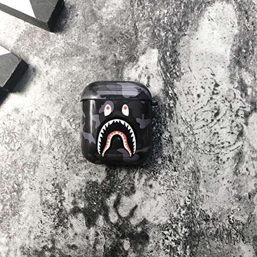 Shark Teeth Camo Softshell Silicone AirPods IMD Case for 1st & 2nd Gen AirPods Charging & Wireless Charging Case Protective Cover and Skin Supreme Gift Bape Boy Girl [NO Button Cutout] (Dark Gray) 2