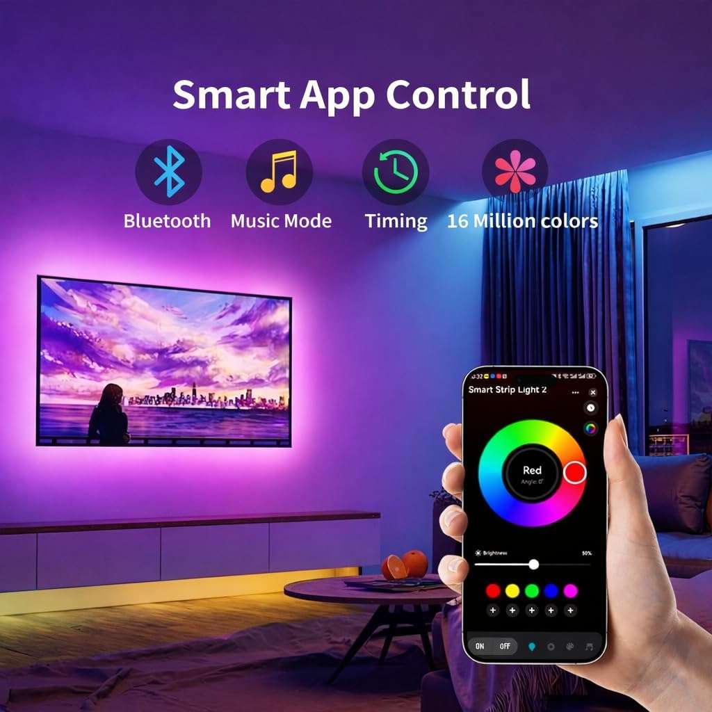 Gesto 5 Meter RGB LED TV Backlight with App & Remote Control | Music Sync, Bluetooth, 16 Million Colors | 5V USB Powered Bias Lighting for 55–80 Inch TVs | Ambient Strip Light for PC, Bedroom, Gaming 5
