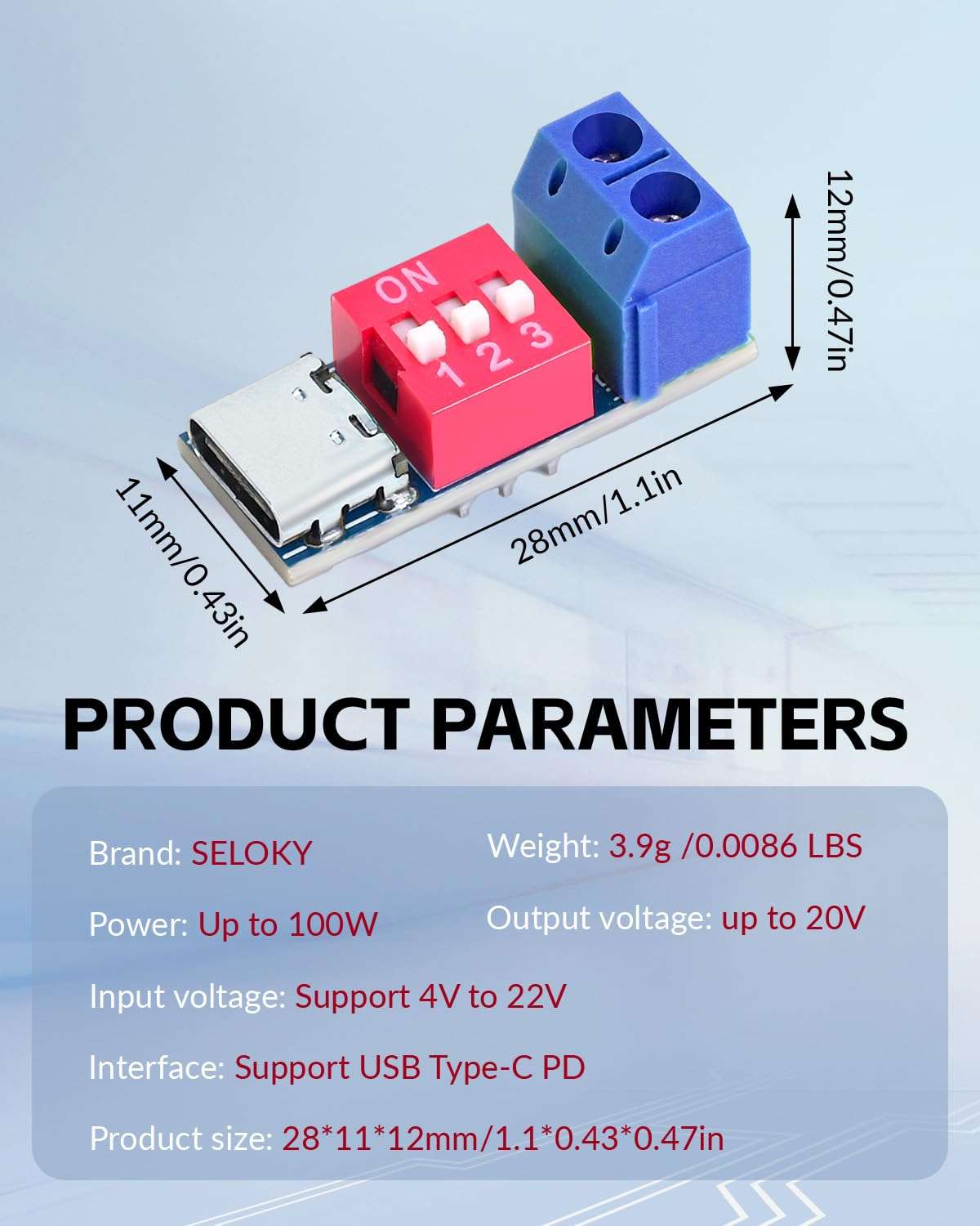 Seloky PD Fast Charging Test Board 5-20V Adjustable PD Trigger Board Module USB Type-C 100W Voltage Connetor Power Supply Accessories (12PCS) 5