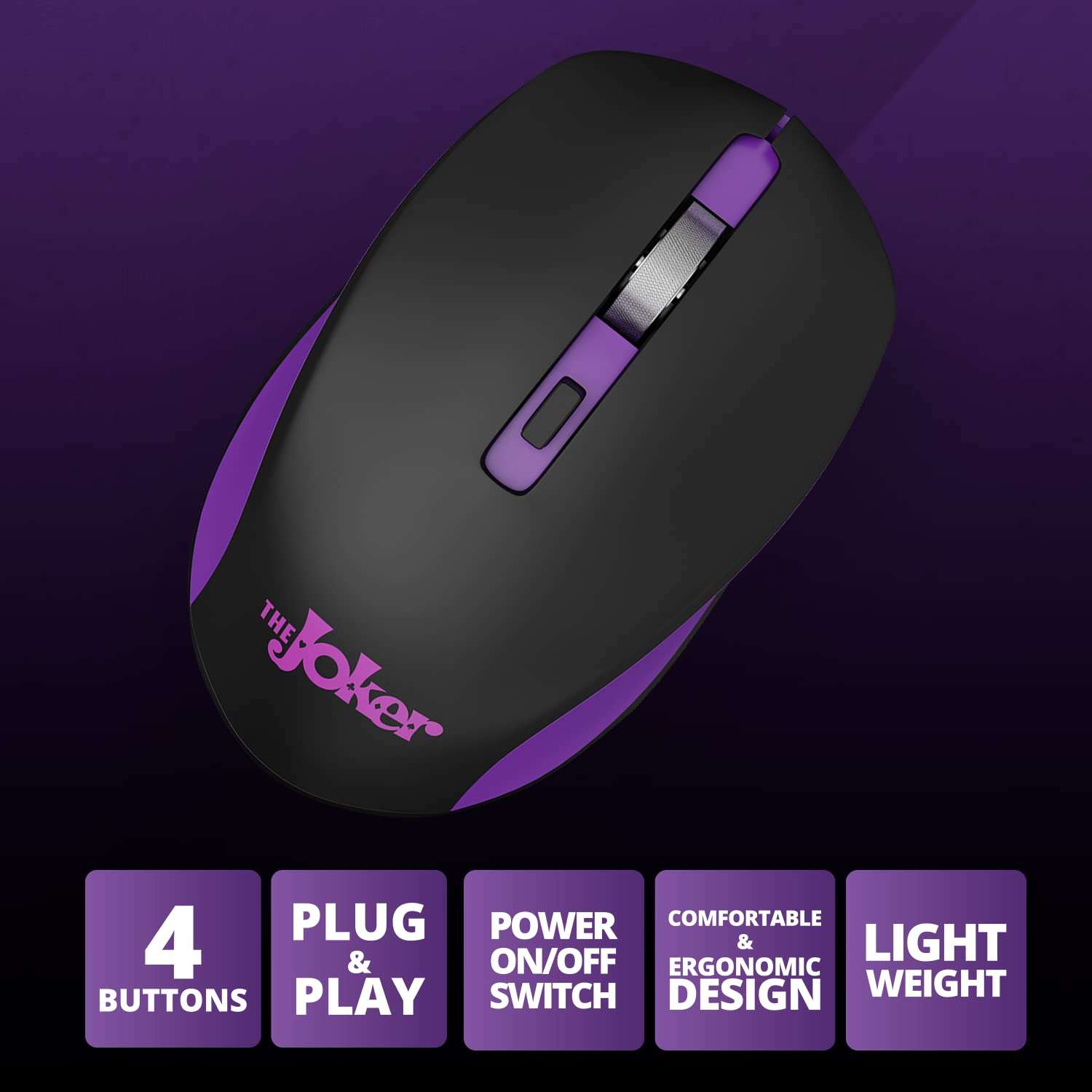 ZEBRONICS DC Joker Edition Jaguar Silent Wireless Mouse for Computer, Laptop with 1600 DPI max, Switch Control, Power ON/Off, Plug & Play Usage, 2.4GHz Nano Receiver and Lightweight 5