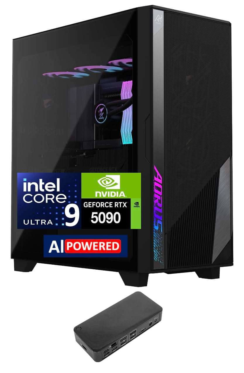 GIGABYTE AI TOP 100 AI PC Workstation (Intel Ultra 9-285K, GeForce RTX 5090 32GB, 128GB DDR5, 2x8TB PCIe SSD (16TB), 2 Thunderbolt 5, WiFi 7, Bluetooth 5.4, Win 11 Pro) w/USB-C Dock 1