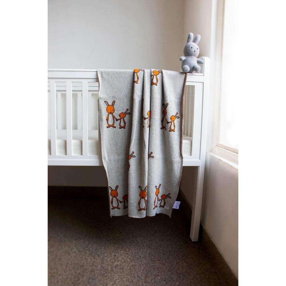Pluchi Mumma and Baby Bunny Cotton Knitted All Seasons AC Blanket for Babies in Grey Color (80 cm x 100 cm)