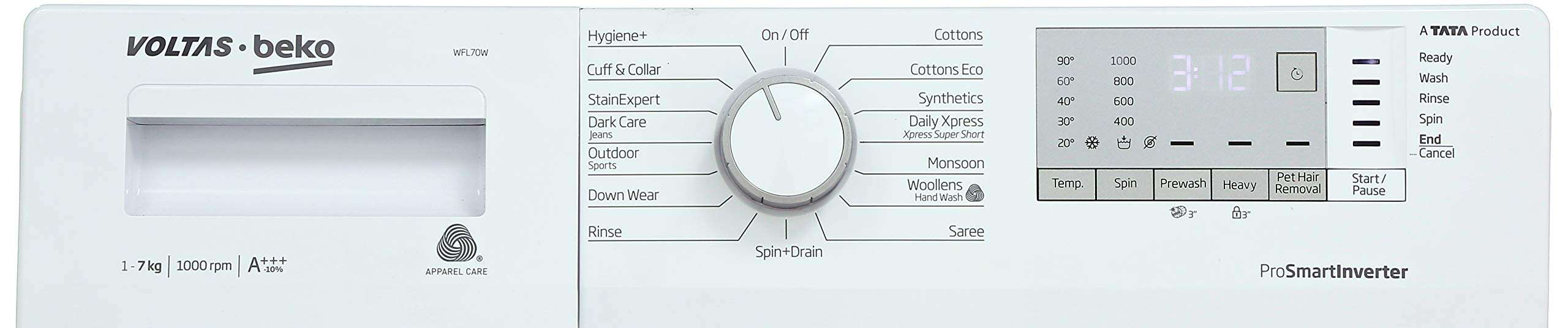 Voltas Beko 7 Kg Inverter Fully-Automatic Front Loading Washing Machine, Inbuilt Heater, 26 Stain Remover (WFL70W, White) 3