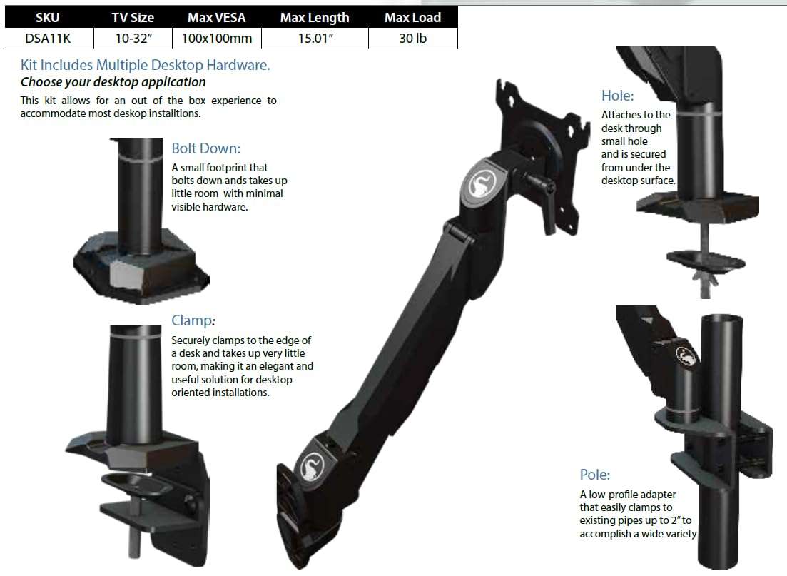 Crimson AV DSA12K Dual-Link Desktop Monitor Arm, Extended Reach, Full Motion, 10-32" Displays, 30 lb Capacity, VESA up to 100x100, Desk Clamp, Bolt-Down, Through-Hole Pole Mount 4