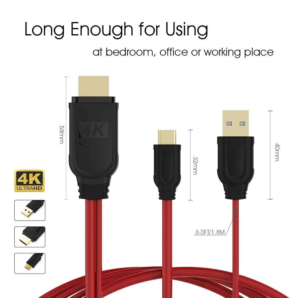 Kkf USB Type C to 4K HDMI Cable Adapter 6FT | High Speed HDMI Cables, 4K @ 30Hz, Ultra HD, Mobile Phone to TV Mirror Cable | for Laptop, Monitor, Fire TV (Type A Port only for Charging) (red) 2