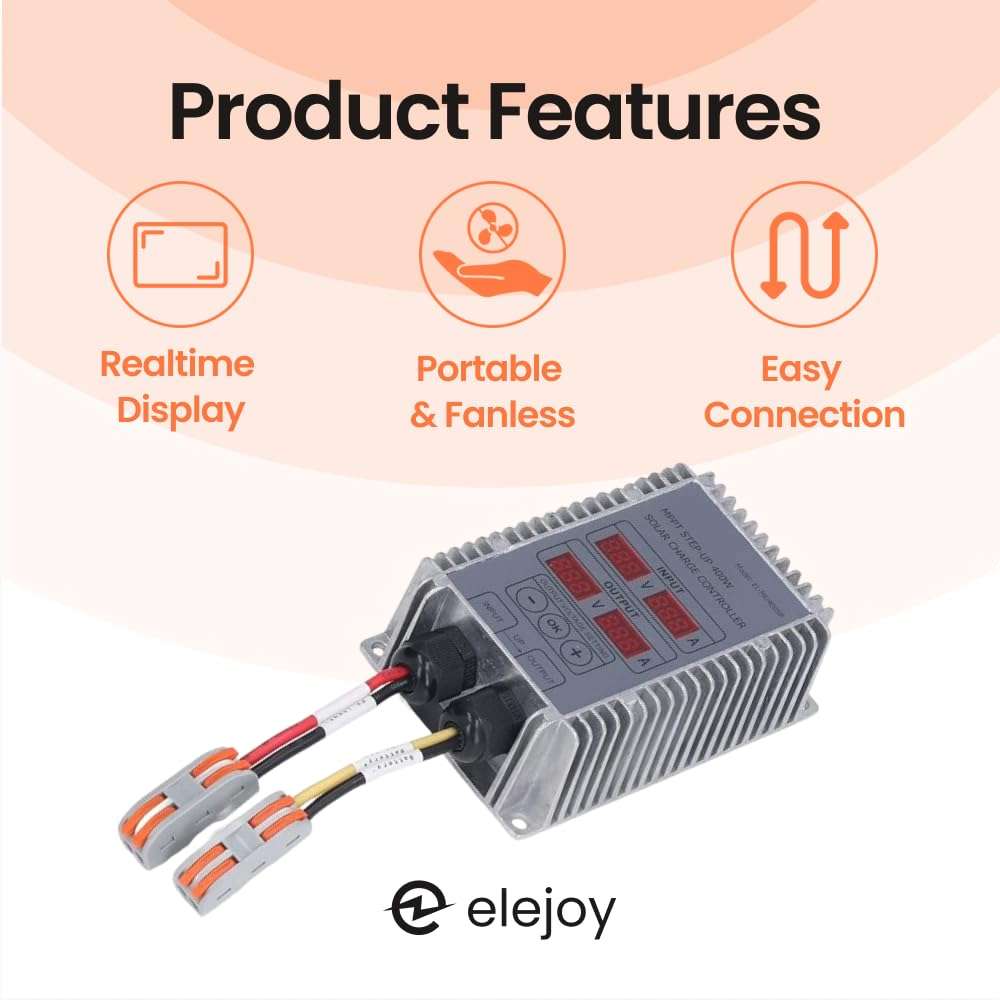 elejoy 20 Amp 12V/24V Waterproof Outdoor MPPT Solar Charge Controller Step-Down ↘ Adjustable Output Lithium LiFePO4 Lead-Acid Gel Sealed Flooded Battery | LED Display Boat Marine RV Golf Cart | IP65 5