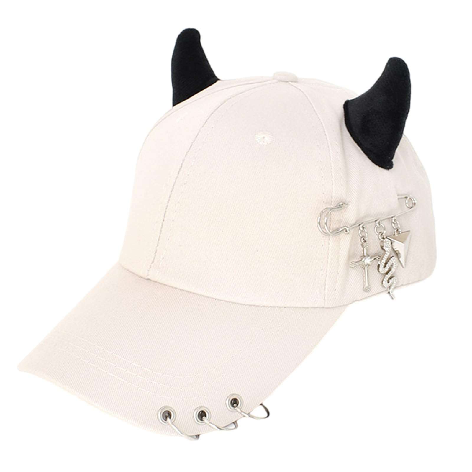 jojnsha Stylish Black Chain Cotton Baseball Caps with Metal Iron Rings Adjustable Strap Breathable Unisex Hip Hop Caps Hat, pin snake beige, 20*15*2cm 1