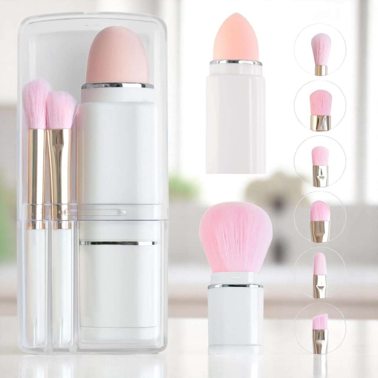 MESKIN Travel Makeup Brush Set (White) – 8-in-1 Portable Kit with Mini Foundation Brush, Powder & Blush Brushes, Eye Tools, Puff Sponge & Storage Organizer 1