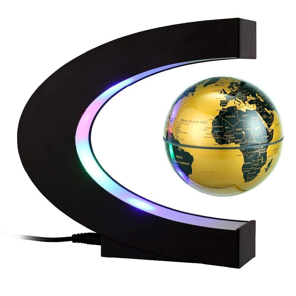 Floating Globe, Arvin Magnetic Levitation Globe Rotating Globe Educational Learning Geographic Political World Map with Funny C Shape Desktop Stand and LED Light for Home School Desk Office Décor Gold 1