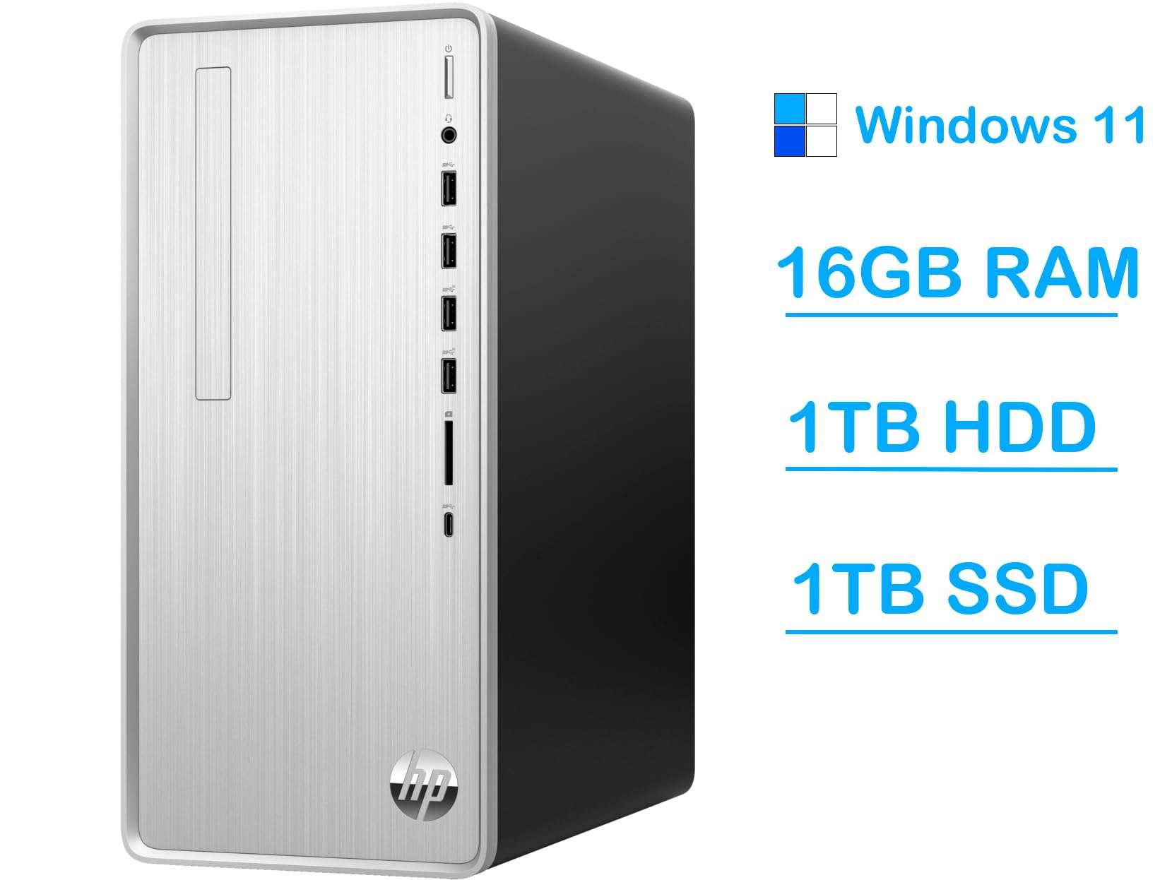 HP Pavilion Desktop, AMD Ryzen 5 5600G, 8GB RAM, 1TB HDD, 256GB SSD, Windows 11 Pro, HDMI, Wi-Fi 5, Bluetooth, USB Ports, Natural Silver, PCM 2