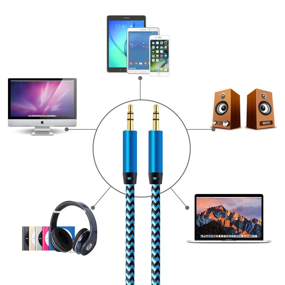 CableLovers Aux Cable, 2 Pack 5ft Auxiliary Cord 3.5MM Audio Cable Nylon Braided Headphone Cable Male to Male Aux Cord for Car/Home Stereos, iPhone, iPad, iPods, Beats, Galaxy, Sony, Echo Dot, Tablet 5