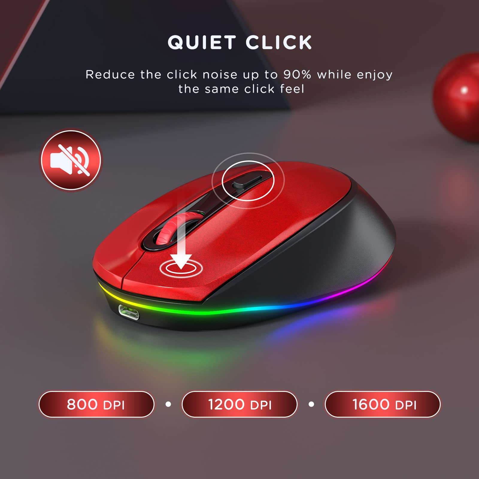 seenda Wireless Mouse, Rechargeable Light Up Mouse for Laptop, Small Cordless Mice with Quiet Click LED Rainbow Lights for PC Laptop Kids Chromebook Windows Mac,Black& Red 3