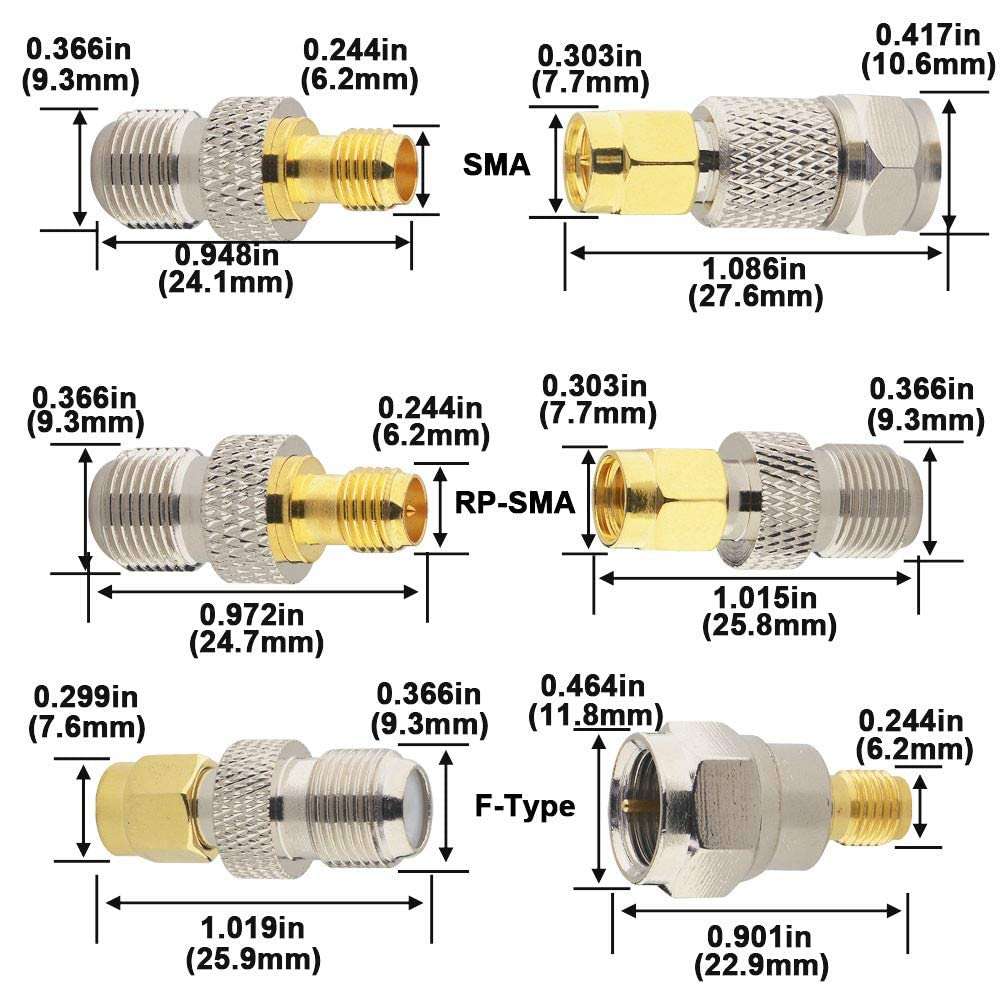 Boobrie F to SMA/RP-SMA Kit 6 Pack F Type to SMA and RP SMA Set SMA to RG6 Adapter Female to Female Coaxial Connector Female to Male Coax Adapter for WiFi Radio TV Antenna FPV Drone Extension Cable 5