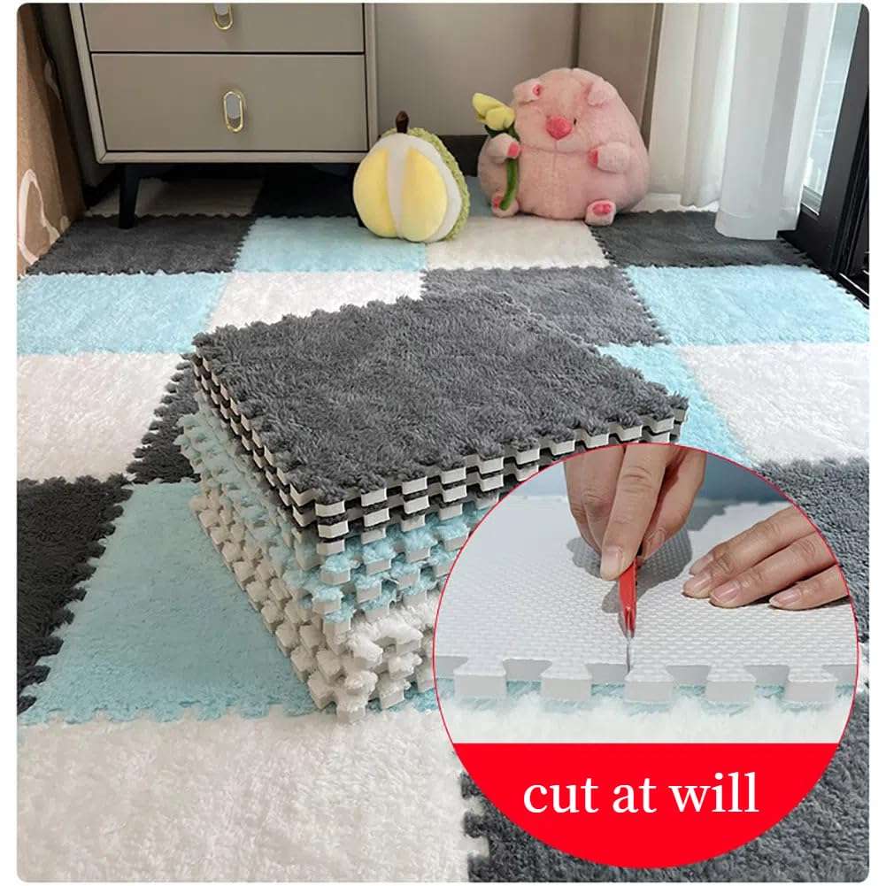 12 Pcs Plush Foam Interlocking Carpet Tiles,Soft Shaggy Fluffy Floor Area Rugs with Padding,Colorful Floor Protective Mats for Home Kids Room Playroom (White and Green, 11.8 x 11.8 x 0.39) 5