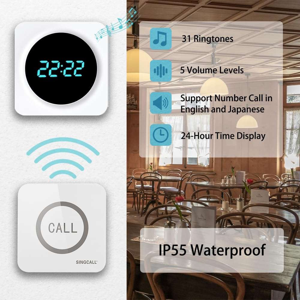 SINGCALL Restaurant Pager System Waiter Calling System Pagers and Beepers for Kitchen,Fast Food,Hotel,Restaurants,Cafe,Bar to Call Waiters 8 Waterproof Wireless Call Buttons 1 Number Display Receiver 4