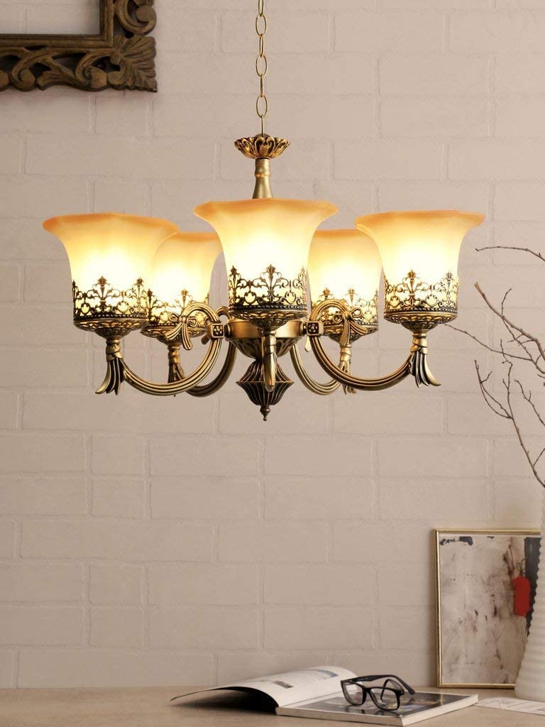 KINIS 5 Light Modern Design Golden Antique Jhoomar/Chandelier/Jhoomar Hanging Light/Jhoomar Ceiling Light to Décor Home/Living Room/Bedroom/Office/Dining/Cafe/Restaurants