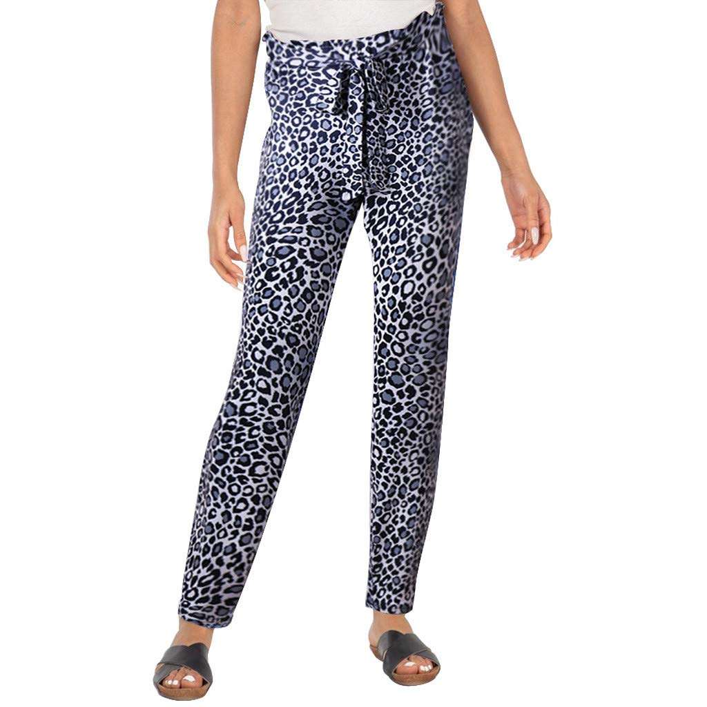 Women Casual Stretch Comfy Trousers Leopard Print Elastic Waist Jogger Sweatpants Pencil Long Yoga Pant (L, Sky Blue)