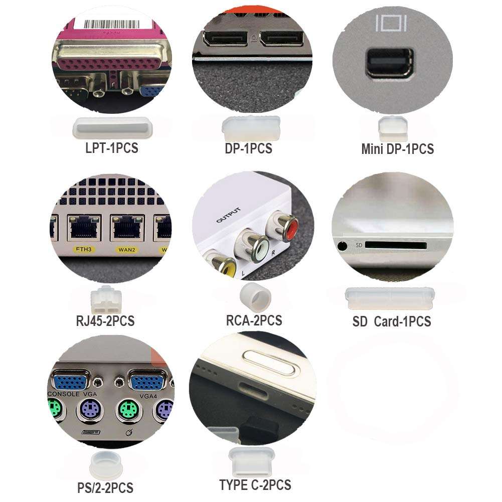 37 PCS 17 Types Anti Dust Plugs Computer Port Dust Plugs, Silicone Dust-Proof Stoppers/Plugs for Computer PC Case Box Laptop Port, Dust Covers Stoppers, for VGA DVI HDMI USB COM LPT DP RJ45 (White), AYD-DP03 4