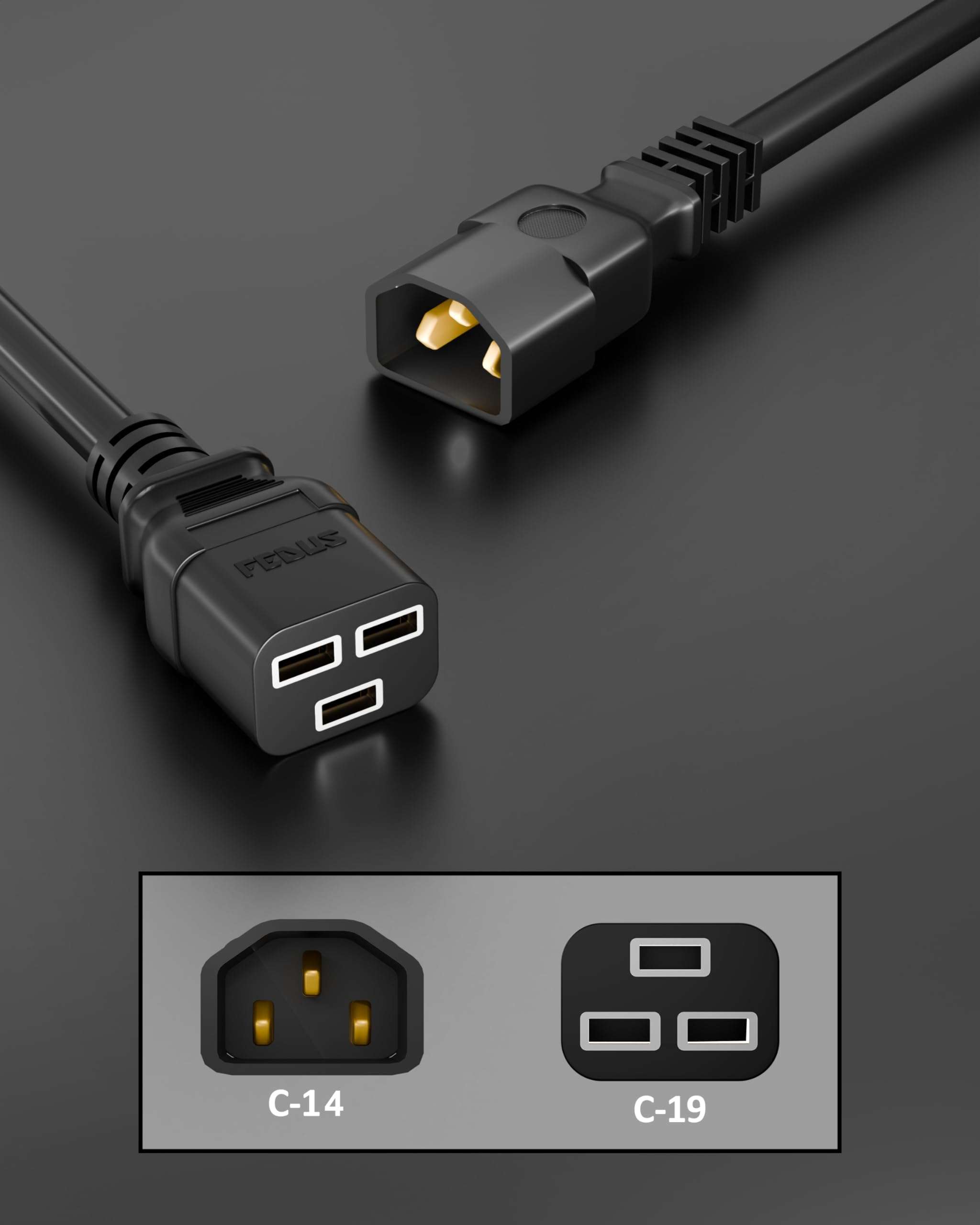 FEDUS AC Power Cord 3 Prong C14 Male to C19 Female 4.9Ft 250V 16A Heavy Duty PDU Power Extension Cable for Computer Printer Monitor Servers/Routers/Network Switches/Blade Server Enclosures/Data Rack 4