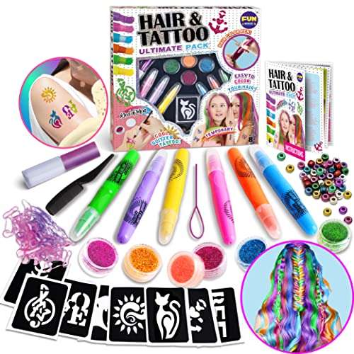 Glitter Tattoo And Hair Color Combo Kit for Girls, Funkidz 6 Colors Hair Chalk Pens Glitter Tattoo Set Hair Beads Tool Kit Gift for Girls Of Ages 8 And Up Washable Colors for Kids Cosplayer Parties 1
