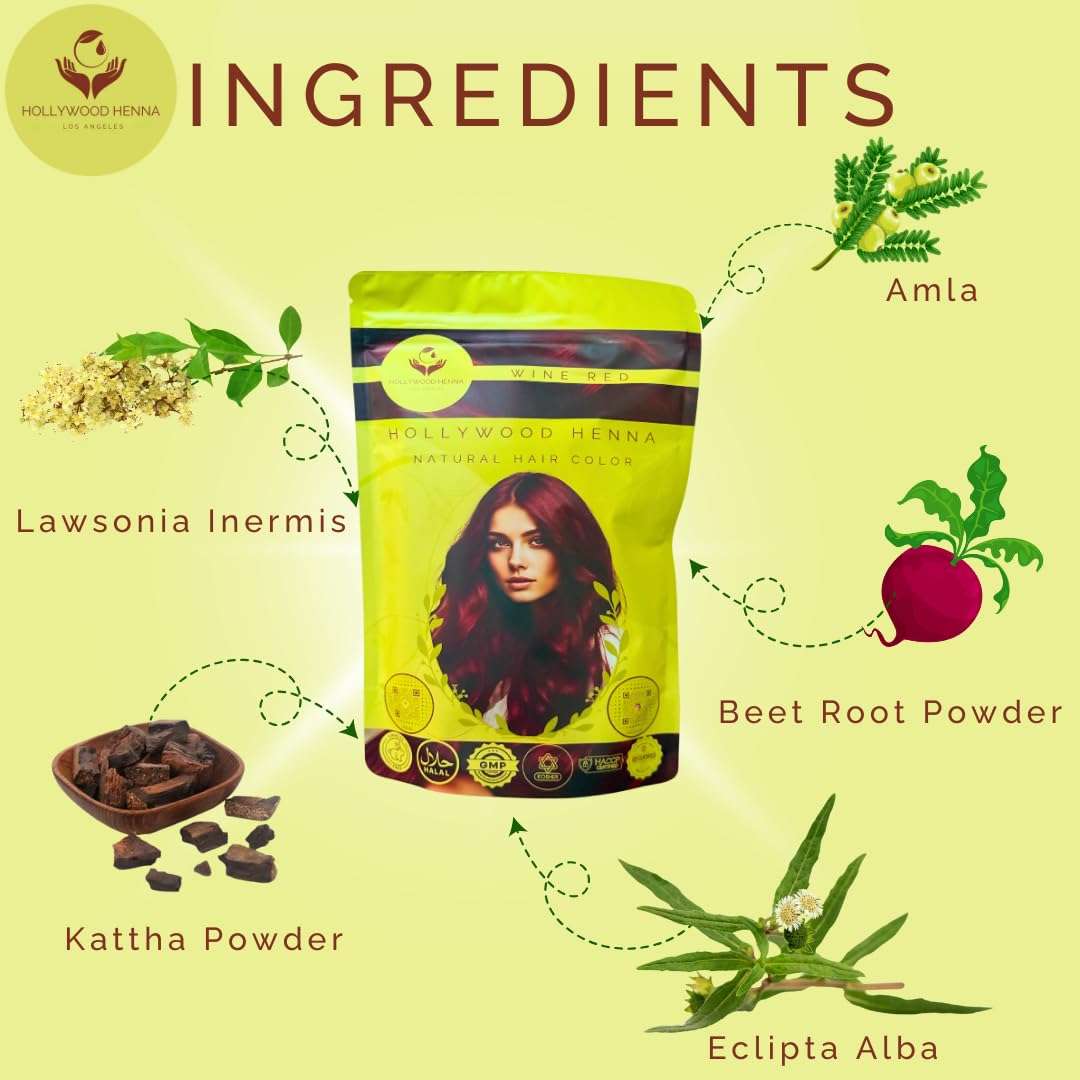 Hollywood Henna Hair Color (Wine Red) Organic Color Hair Beard Dye (Pack of 1-227g) Henna Based Hair Colors with Pure Herbs Free Chemicals Long Lasting Natural Hair Dye for Men & Women Gift 4