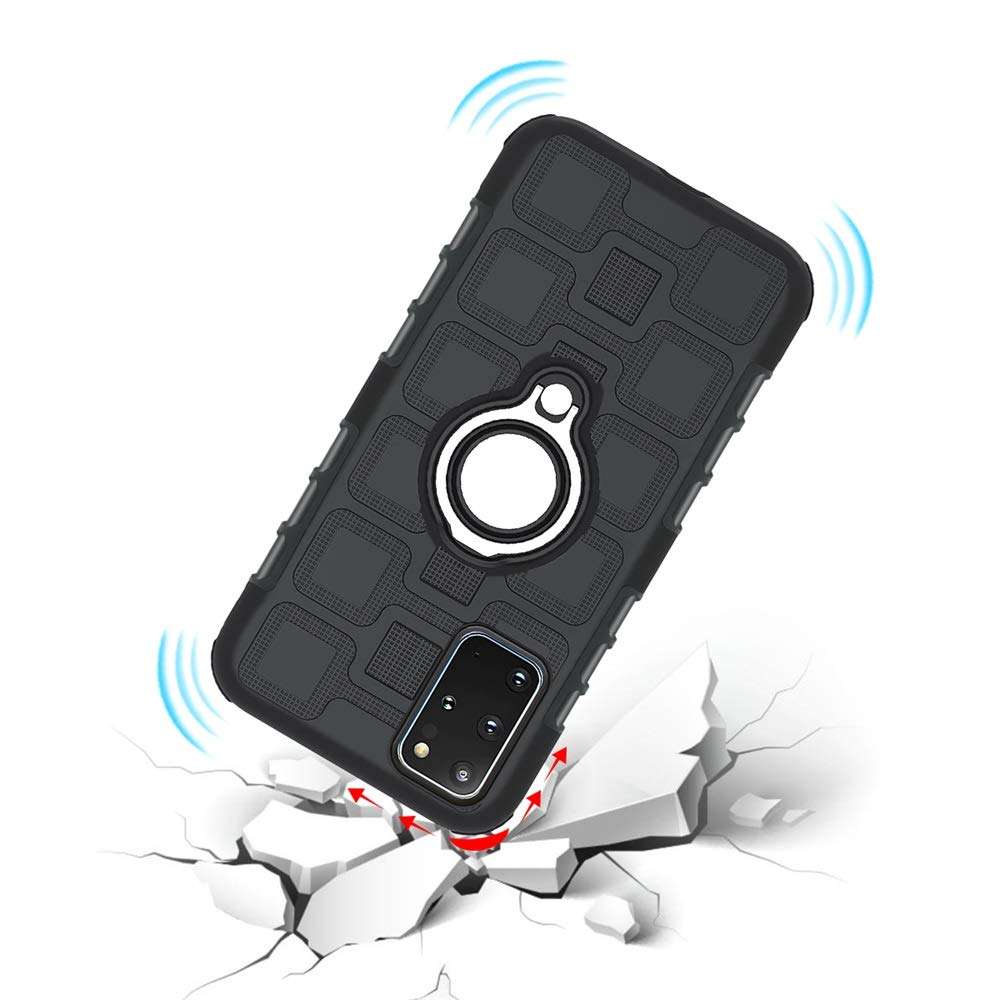 Phone Case for Samsung Galaxy S20 Plus Glaxay S20+ 5G with Tempered Glass Screen Protector Cover and Stand Ring Holder Hybrid Hard Cell Accessories Gaxaly S20+5G S20plus 20S + S 20 20+ G5 Cases Black 4
