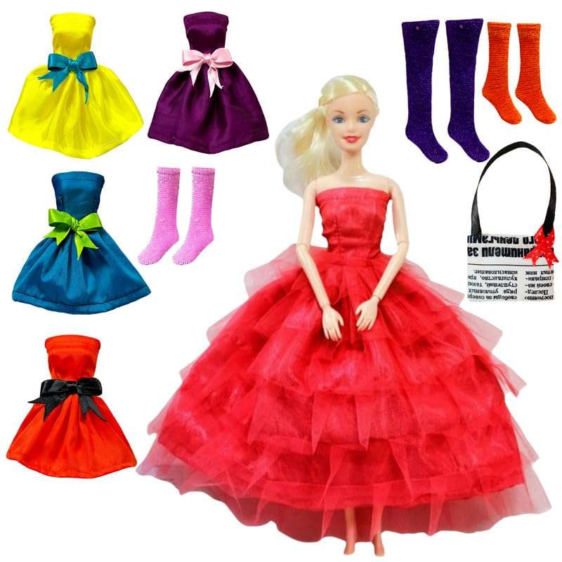 Mini Gifts - Doll Set for Girls, Full Foldable Doll with Red Frock, 4 Doll Dresses, 3 Pair Doll Socks and 1 Bag 1
