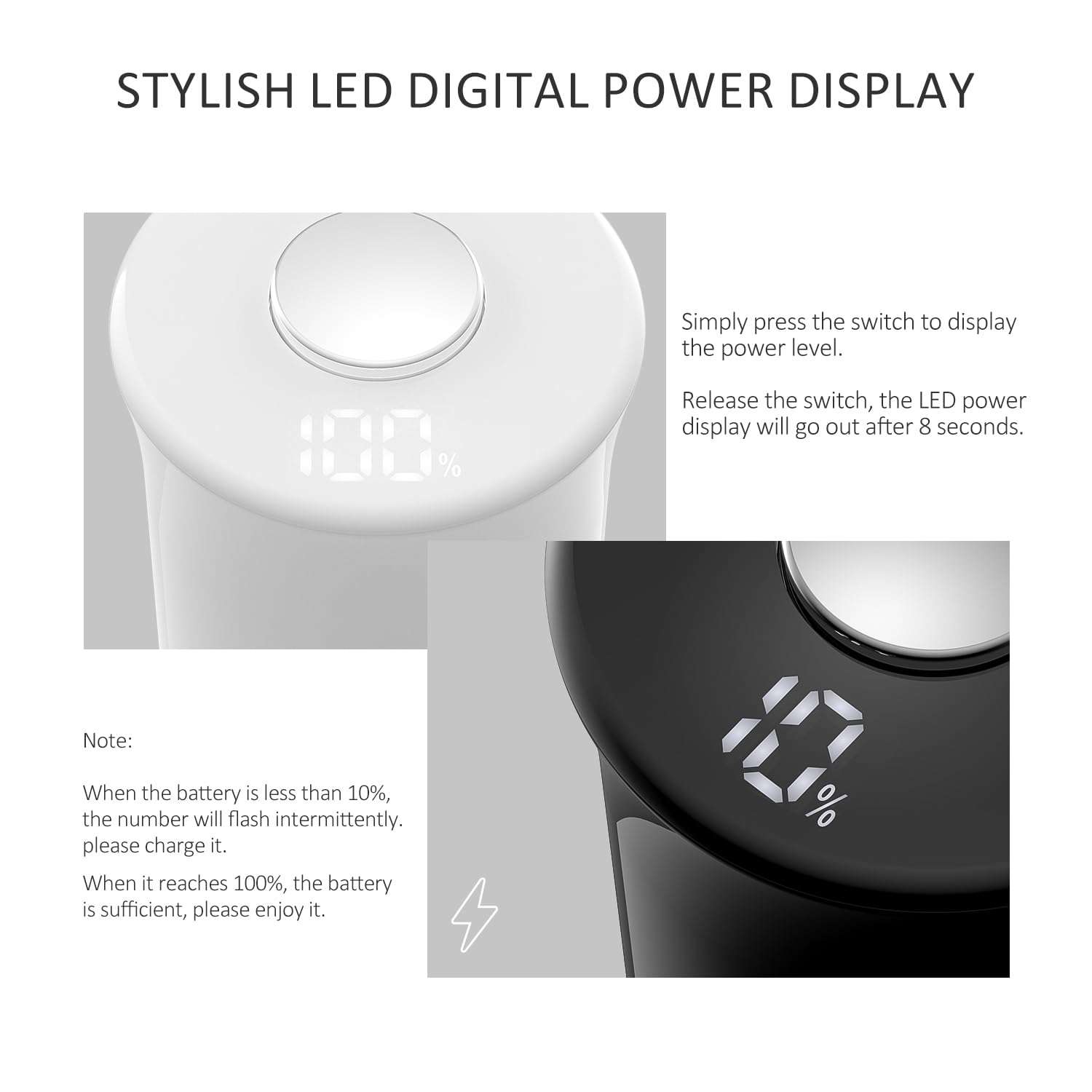 Salt and Pepper Grinder Set with LED Power Display Larger Capacity Salt and Pepper Shakers Set Rechargeable Electric with Flexible Coarsenes LED Light One Hand Operation for Kitchen(White+Black) 5