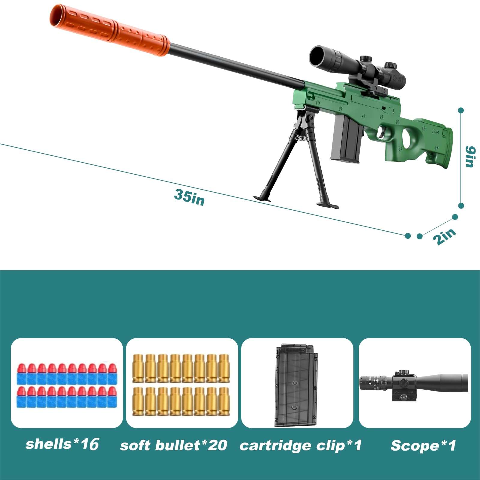 Kyliandi Soft Bullet Toy Gun Sniper Rifle with Scope Realistic Barrel Shell ejecting Foam Blaster Gun Dart Prop Backyard Outdoor Shooting Game for Boys Teens Adults Gifts Age 8-12 14 Years Old (Green) 2