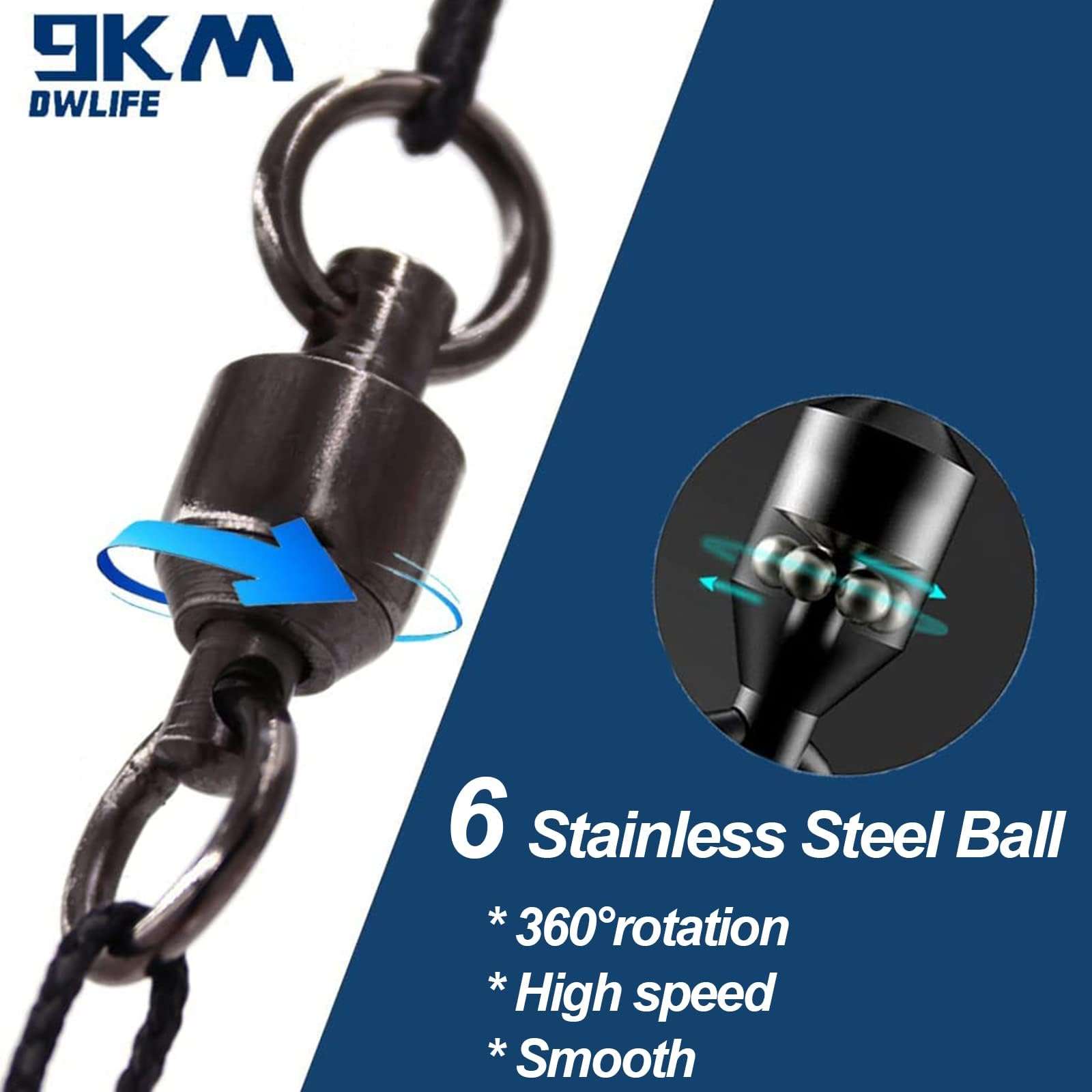 9KM DWLIFE Ball Bearing Swivels Copper Stainless Steel Solid Welded Ring Black Nickel High Strength Connector Saltwater Freshwater Fishing Tackle 30Pcs 0# 6