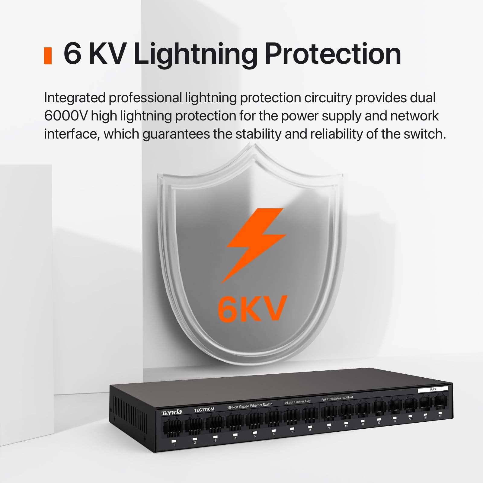 Tenda TEG1116M 16 Port Gigabit Switch, Unmanaged Ethernet Switch with Traffic Optimization, Plug & Play, Fanless & Metal Design Network Switch, Limited Lifetime Protection 5