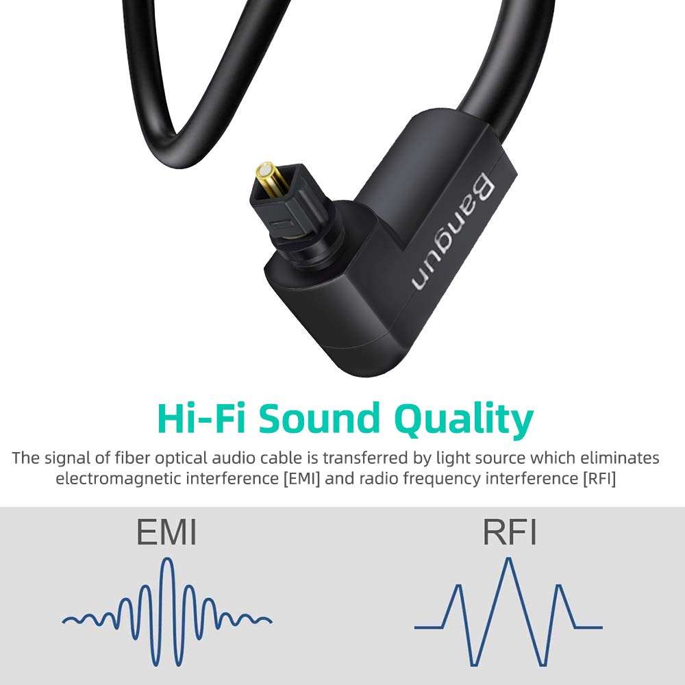 Bangun 90 Degree Toslink Optical Audio Cable 6 Foot, Slim S/PDIF Digital Right Angle Fiber Optic Audio Cord for Soundbar/TV 4