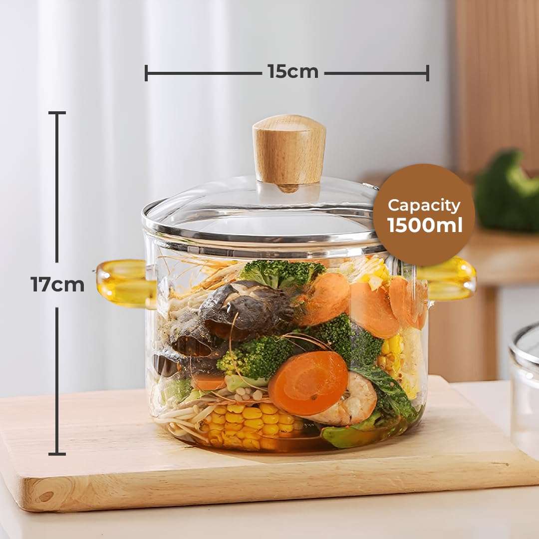 Home Essentials Borosilicate Glass Casserole Pot with Lid | 3.5 Litre Cookware | Heat-Resistant, Gas Stove Safe, Durable Glass Cooking Pot for Kitchen (17cmX15cm) 3