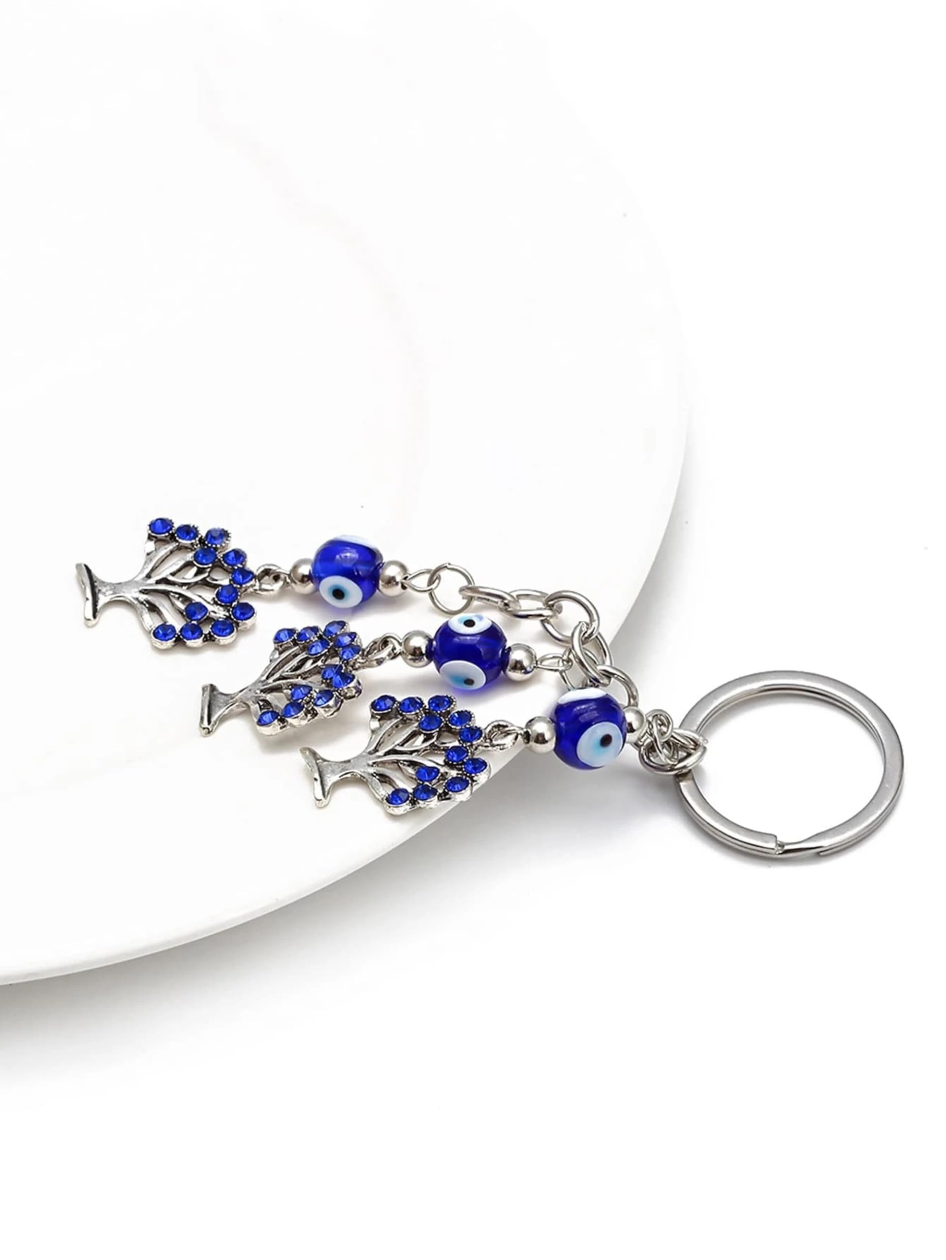 AUGEN Premium Blue Evil Eye Three Trees Design Keychain Metal Vastu Good Luck Charm Protection With Key Ring Anti-Rust (Pack Of 1) 6