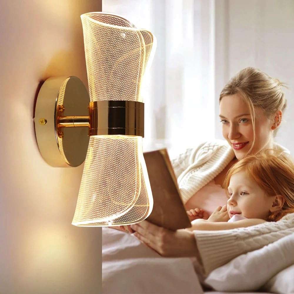Groeien 12W | 3 Color LED Nordic Sconce Golden Mesh Transparent Indoor Home Acrylic Wall Lamp for Bedroom Living Room Corridor Lighting Fixtures Wall Mount(Warm+Natural+Coolwhite) 3