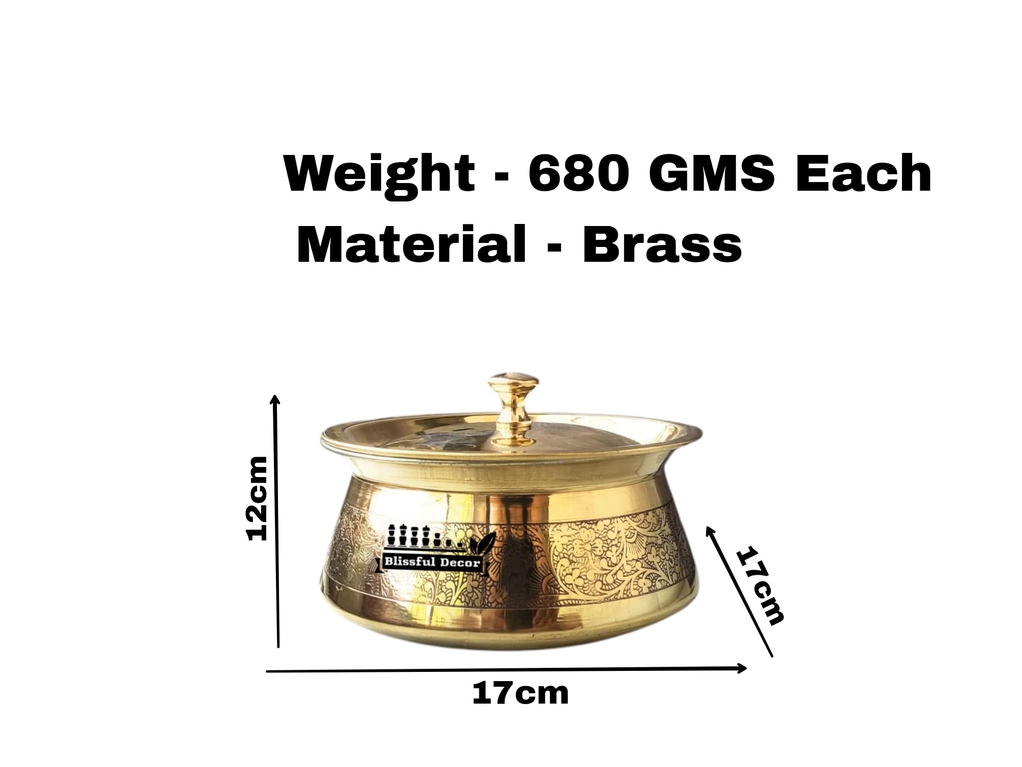 Blissful Decor Brass Kitchen Cooking Serving Pot |Biryani Handi|Embossed Design Casserole With Lid For Decoration Tableware, Home, Hotel, Restaurant Donga, (680 GMS each Capacity 1000 Ml) set of -3 5