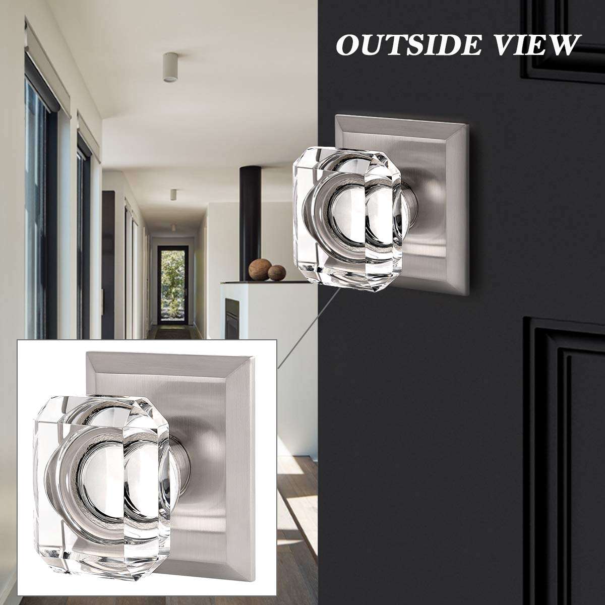 3 Pack Crystal Glass Door Knob Set, Passage Door Knobs for Hall and Closet, Keyless Square Crystal Door Knobs with Satin Nickel Finish, Interior Door Knobs Non-Locking Set, Passage Function 5