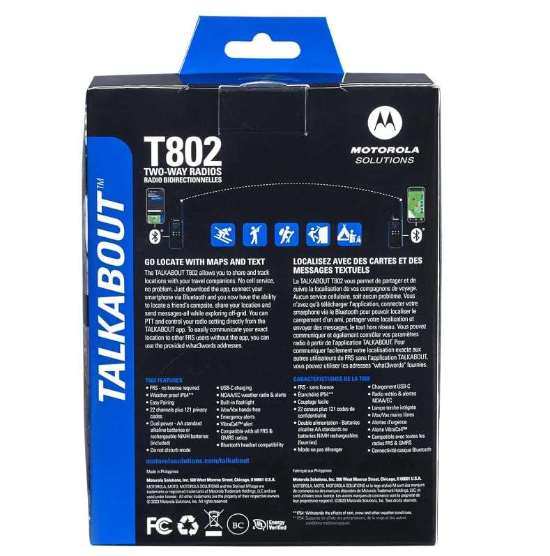 Motorola Solutions, Talkabout T802, Portable FRS Two Way Radio 6 Pack Walkie Talkies Blue/Black 22 Channels 6 PTT Curl Earpieces 6