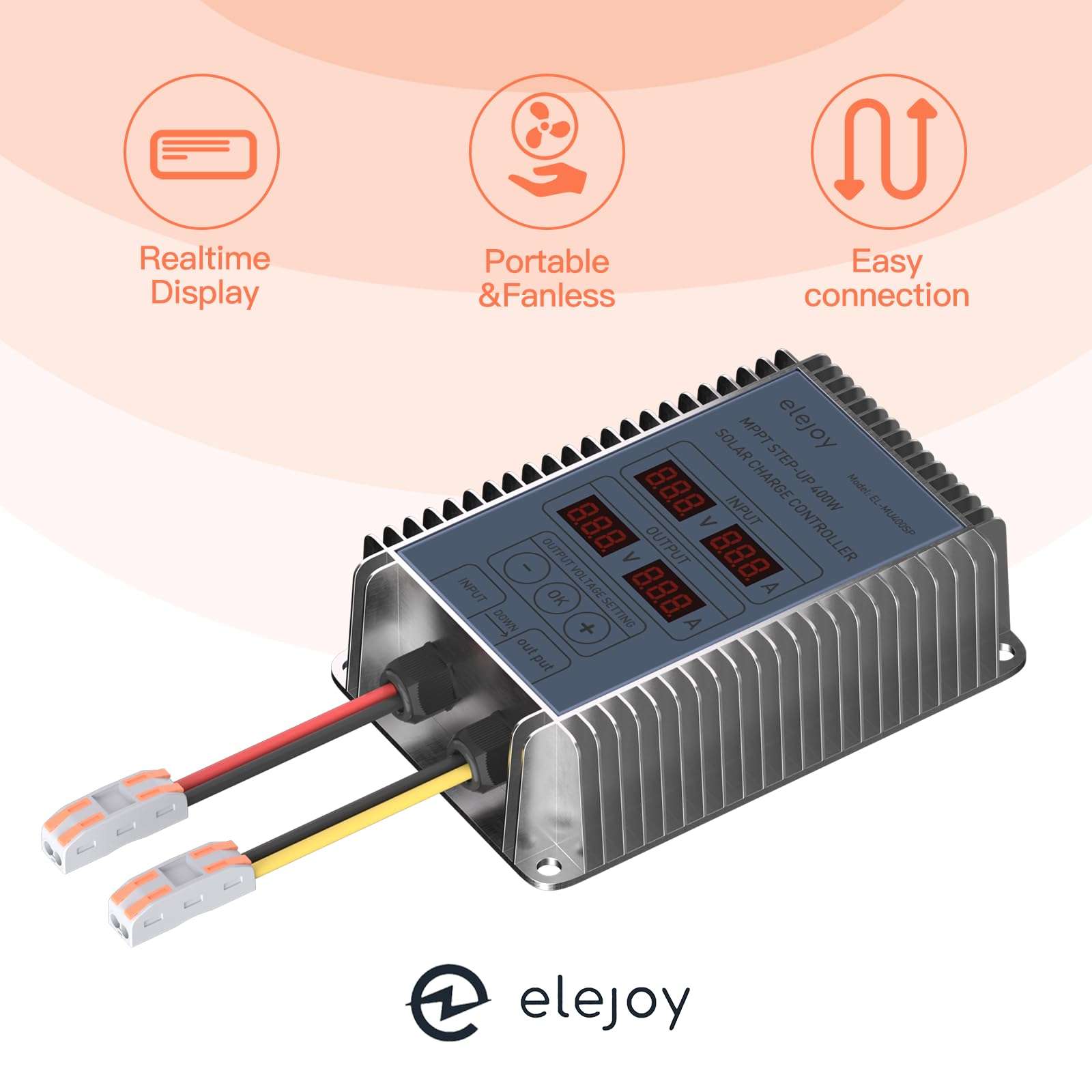 ELEJOY 15 Amp 400W MPPT Step-UP Solar Charge Controller 99% Adjustable Output Lithium LiFePO4 Lead-Acid Gel Sealed Flooded Battery LED Display IP65 Waterproof Outdoor 5