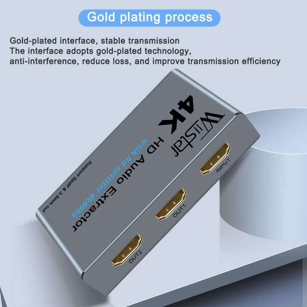 Wiistar 4K HDMI Audio Extractor with 4K60hz HDMI Splitter 1 in 2 Out Spdif/Toslink/Optical 3.5mm Jack Audio Out Signal Distributor Converter for PS4 Xbox One DVD Blu-ray Player HD TV Projector 3