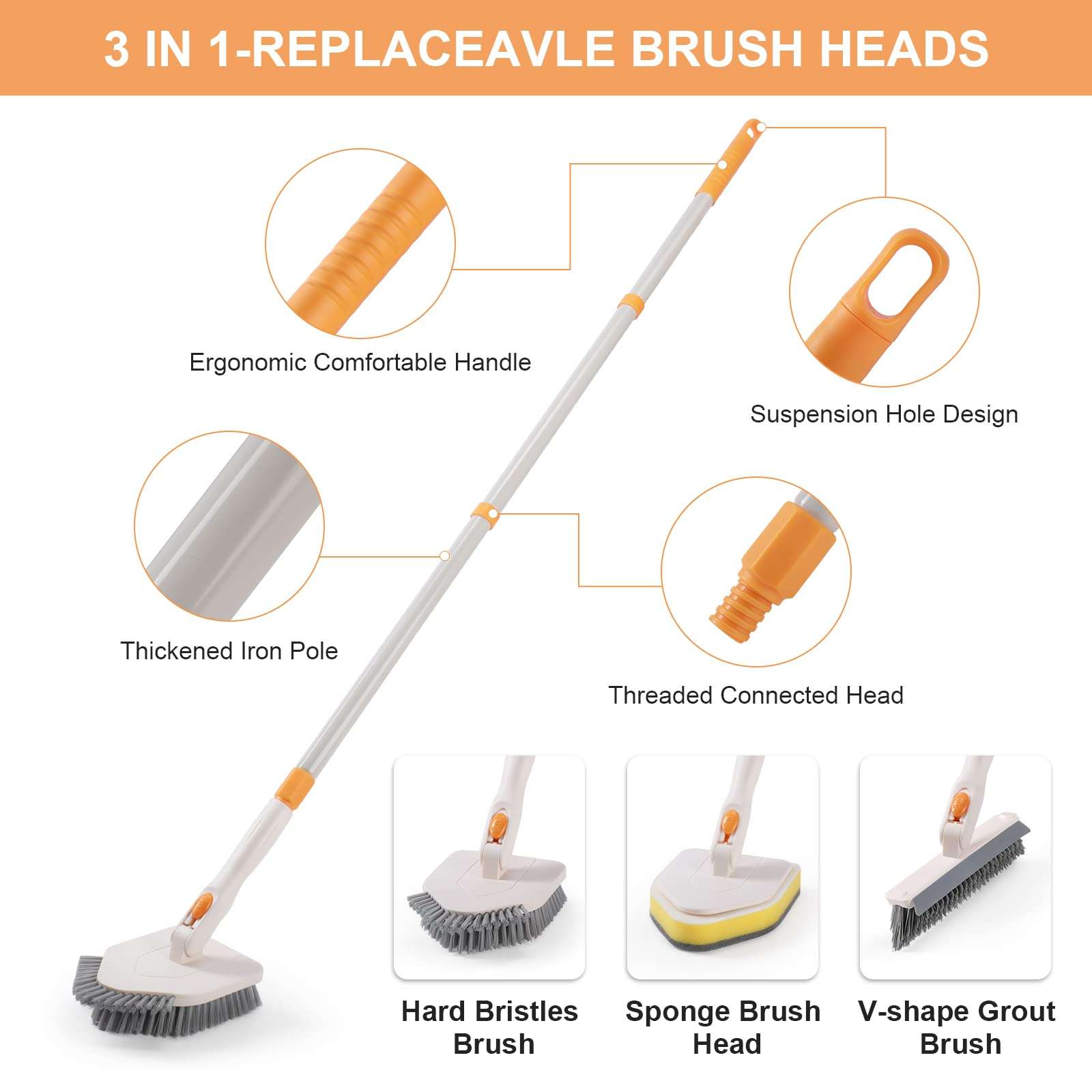 3 in 1 Shower Scrubber Cleaning Brush &Ceiling Fan Cleaner Duster with Extra Long and Thick Extension Pole from 15 to 88 Inches 4