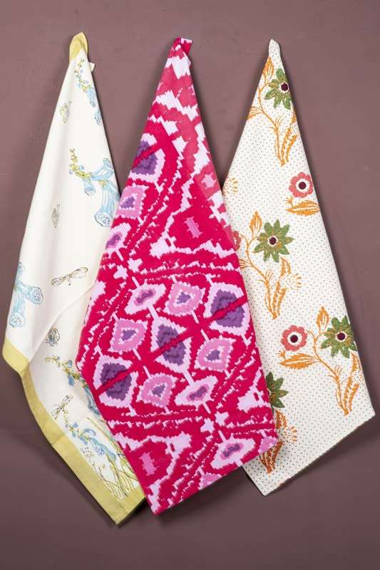CONTRAST LIVING Khagesara Hand Block Printed Kitchen Towel/Dish Towel/Hand Towel Multi Color Set of 3 Pcs 1