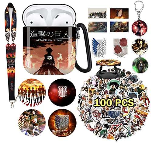 Funkillee Attack on Titan Merch, Charging Case Compatible with AirPod 1/2, 100 PCs Stickers Face Covering Lanyard Card Stickers Pins Acrylic Keychain Gift Set for Teens (A) 1