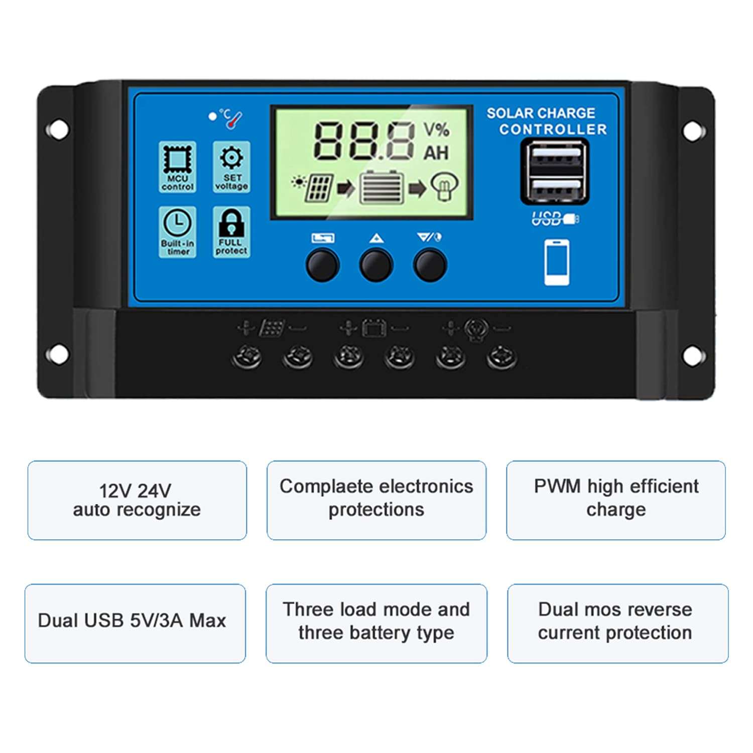 60A Solar Panel Charge Controller 12V 24V,Solar Battery Adjustable Parameter LCD Display Current Capacity and Timer Setting,Charge Controller with Dual USB Port (Blue) 5