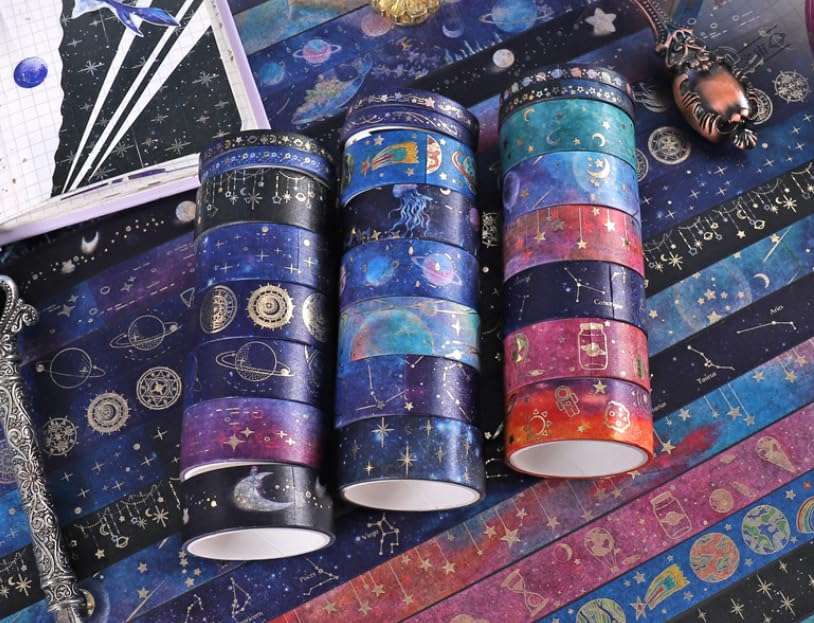 24 Rolls Handmade Decorative Masking Tape for Journaling, DIY Crafts, Scrapbooking - Easy Peel & Stick, Vintage Art Design，Washi Paper，Gift Wrapping, Home Decor - Waterproof, Reusable,Galaxy 4